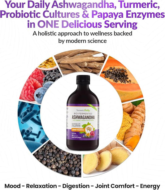 Ashwagandha KSM-66 Liquid for Stress Relief & Better Sleep, High Strength 3-in-1 with Turmeric, Probiotics & Enzymes for Gut Health - Fast-Absorbing Supplement - Natural Berry Passion Flavor